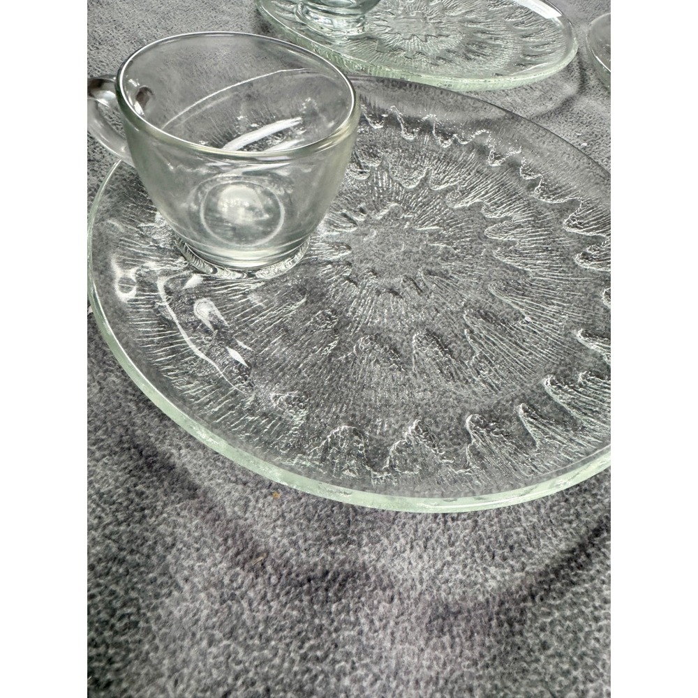 Vintage Sunburst Snack Set Sparkling Crystal Glass 4 Plates 4‎ Cups Original Box
